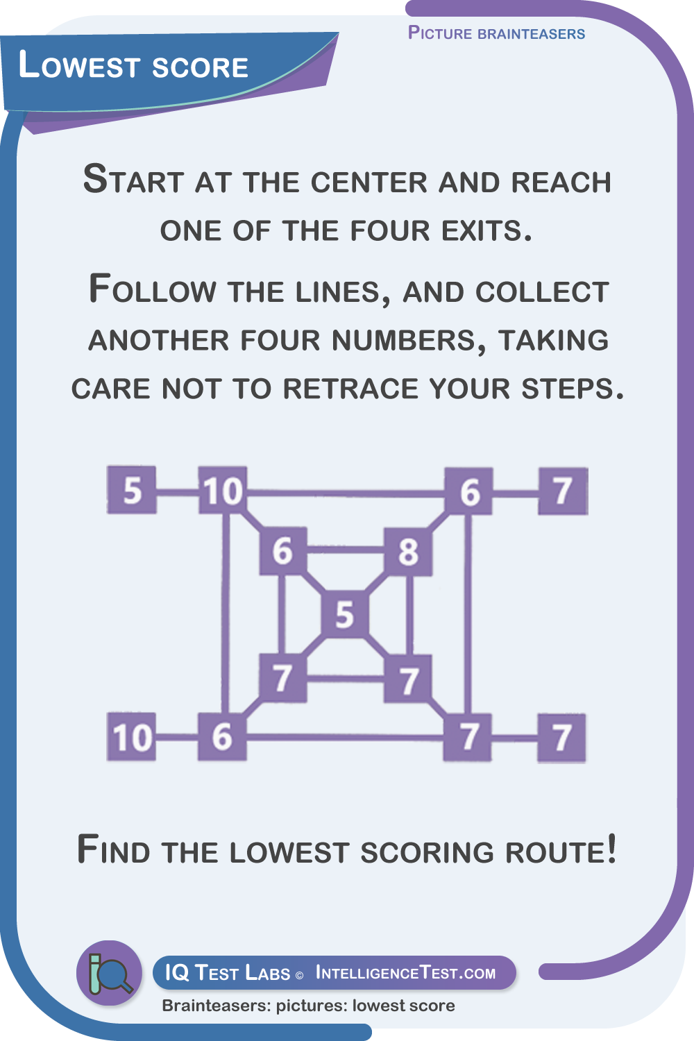 Start at the center and reach one of the four exits. Follow the lines, and collect another four numbers, taking care not to retrace your steps. Find the lowest scoring route!