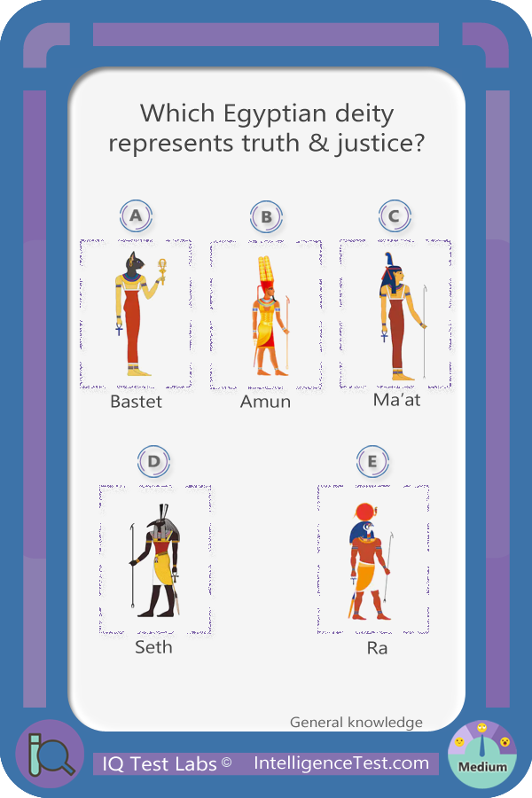 Which Egyptian deity represents truth & justice? Bastet, Amun, Ma'at, Seth, Ra