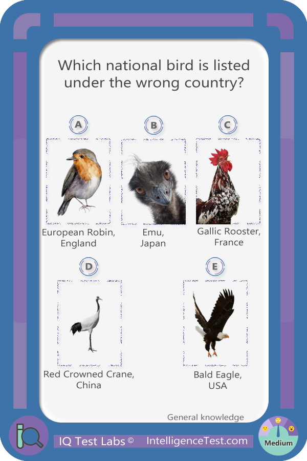 Which national bird is listed under the wrong country? European Robin, England, Emu Australia, Gallic Rooster, France, Red Crowned Crane, China, Bald Eagle, USA