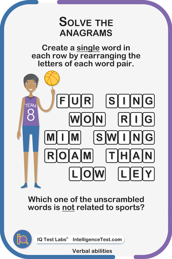 Create a single word in each row by rearranging the letters of each word pair: FUR SING, WON RIG, MIM SWING, ROAM THAN, LOW LEY. Which one of the unscrambled words is not related to sports?