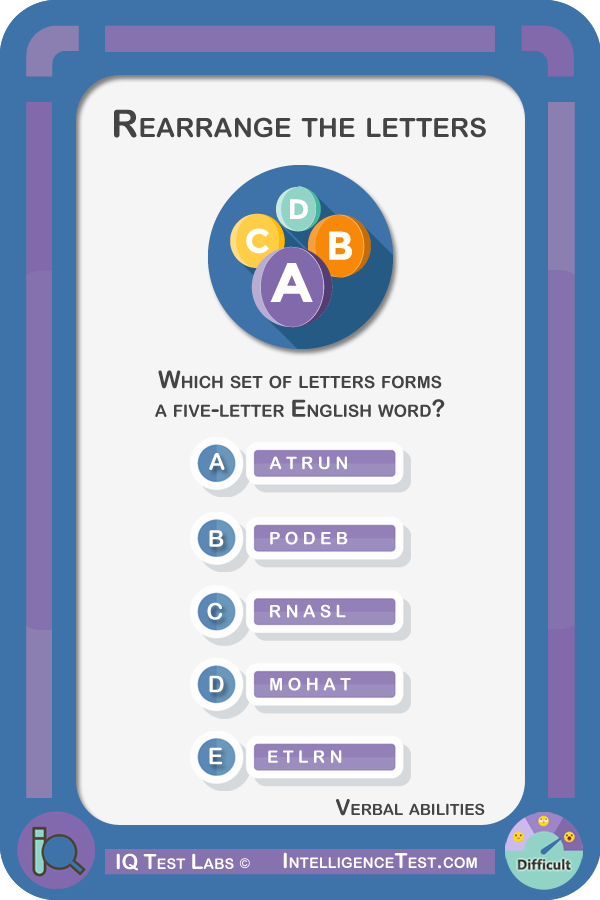 Which set of letters forms a five-letter English word? A T R U N, P O D E B, R N A S L, M O H A T, E T L R N