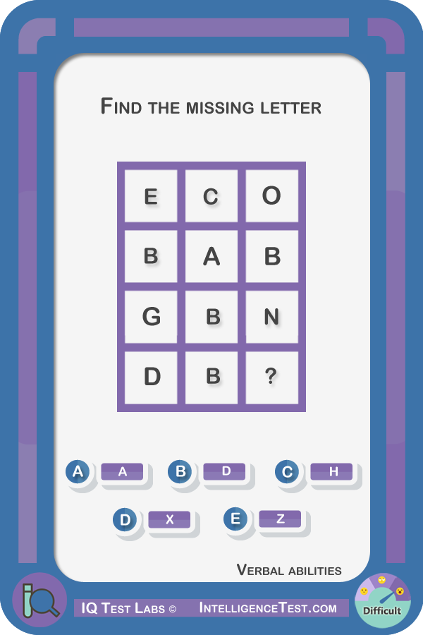 Find the missing letter. (First row: E,C,O) (Second row: B,A,B) (Third row: G,B,N) (Fourth row: D,B,?)
