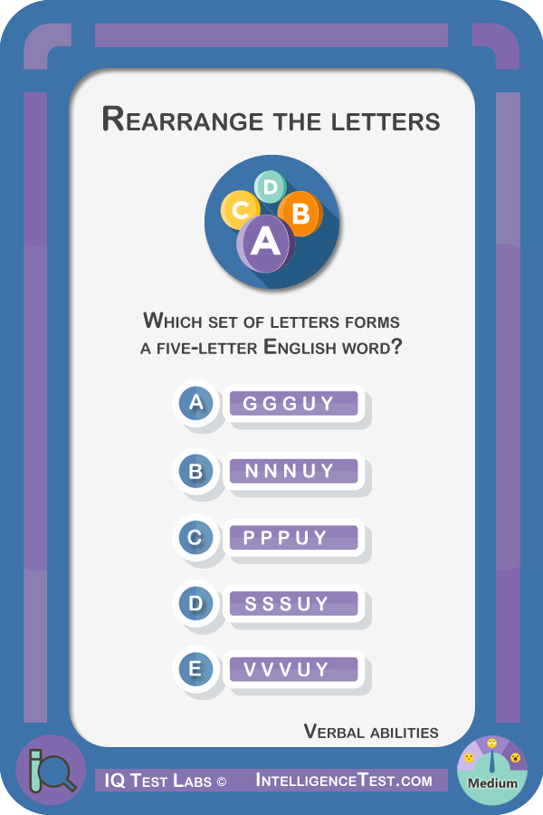 Which set of letters forms a five-letter English word? GGGUY, NNNUY, PPPUY, SSSUY, VVVUY.