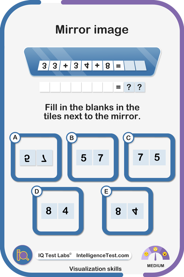 Mirror image - Fill in the blanks to the right of the equation in the tiles in front of the mirror.