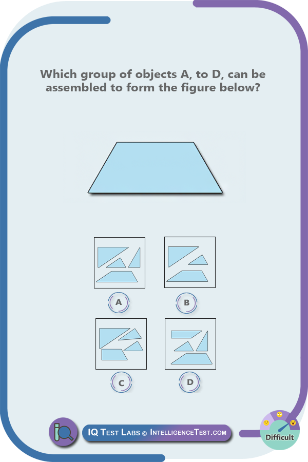 Which group of objects A, to D, can be assembled to form the figure below?